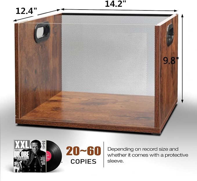 Vinyl Record Storage Crate, Holds up To 60 LPs, Album Visible Storage Box with Acrylic Front, Handle, Wooden Multi-Purpose Organizer for Records, Magazines and Books, for Desktop and Home Office