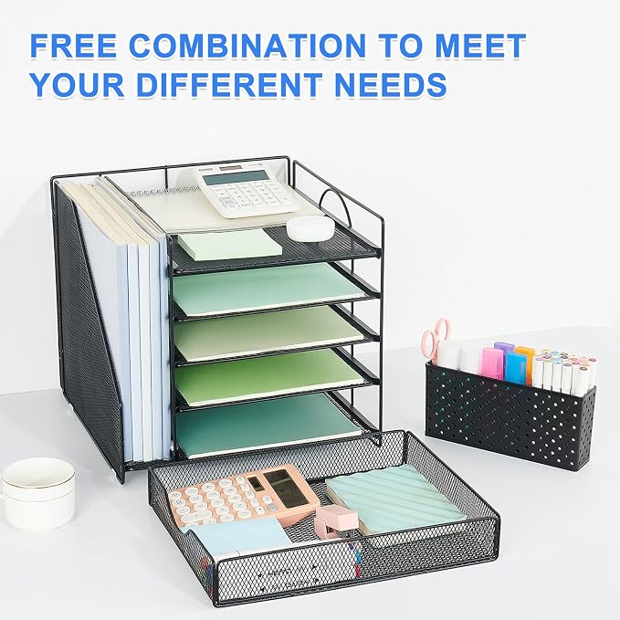 Desk Organizer with Drawer and Pen Holder, 5-Tier Paper Letter Tray Organizer with File Holder, Suitable for Workspace Organizer Office Supplies Storage (Black)