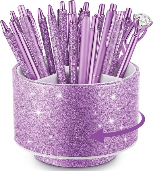 Epakh PU Leather Glitter Pen Holder 360 Degree Spinning Purple Bling Pencil Cup Gift for Teacher Women Girls Makeup Brush Organizer Cup Desk Office Classroom Home Back to School Festival (6 Inch)