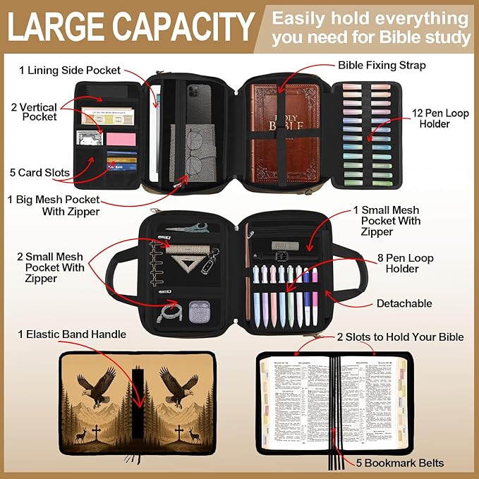 Eagle Large Bible Bag with Bible Cover Case for Men Women, Church Bag Book Carrying Case w/Shoulder Strap Handle Zipper Pocket, Bible Study Supplies Journaling Kit Accessories Christian Gift