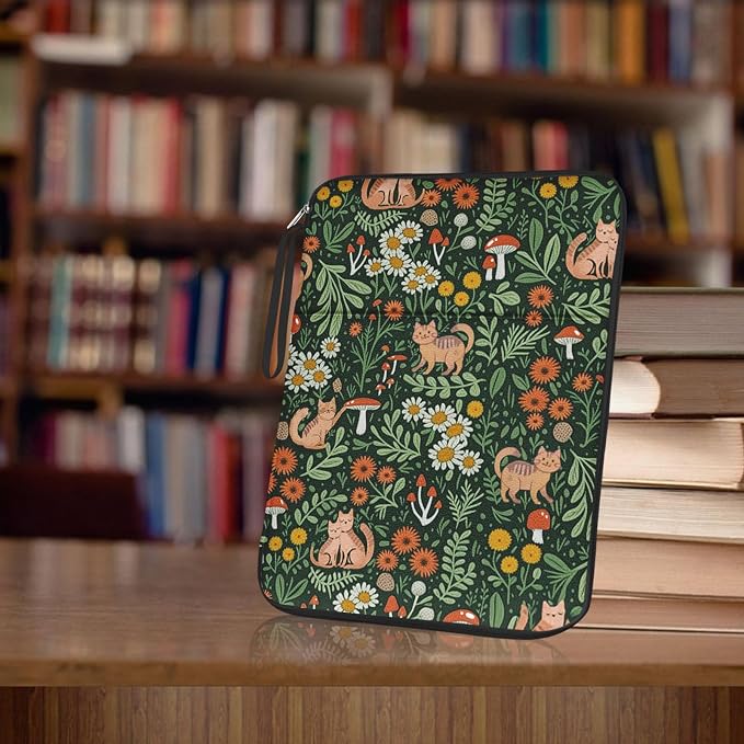 Cute Cat Printed Book Sleeve Pouch Case with Zipper - Waterproof Journal Cover for Book Lovers, Teachers, Readers & Librarians