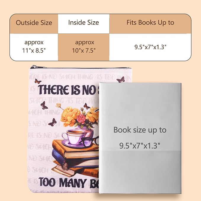 LParkin Book Sleeve With Zipper for Lovers - No Such Thing As Too Many Books, Nerd Protector Covers for Paperbacks, Washable Fabric Multifunctional Sleeves