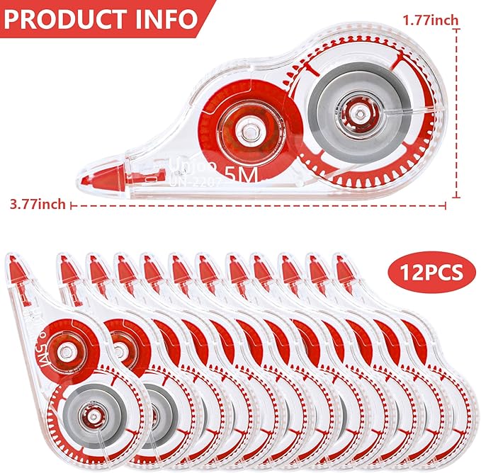 Unjoo White Correction Tape, Easy To Use Applicator for Instant Corrections Wrong Writing At Any Time, For school, Office (12pack, 5M/196" x 0.2", Red)