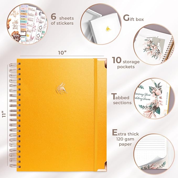 Clever Fox Wedding Planner – Notebook Organizer for Bride – Wedding Planning Binder Book with Pockets – Engagements Gift, 10x11″ (Amber Yellow)