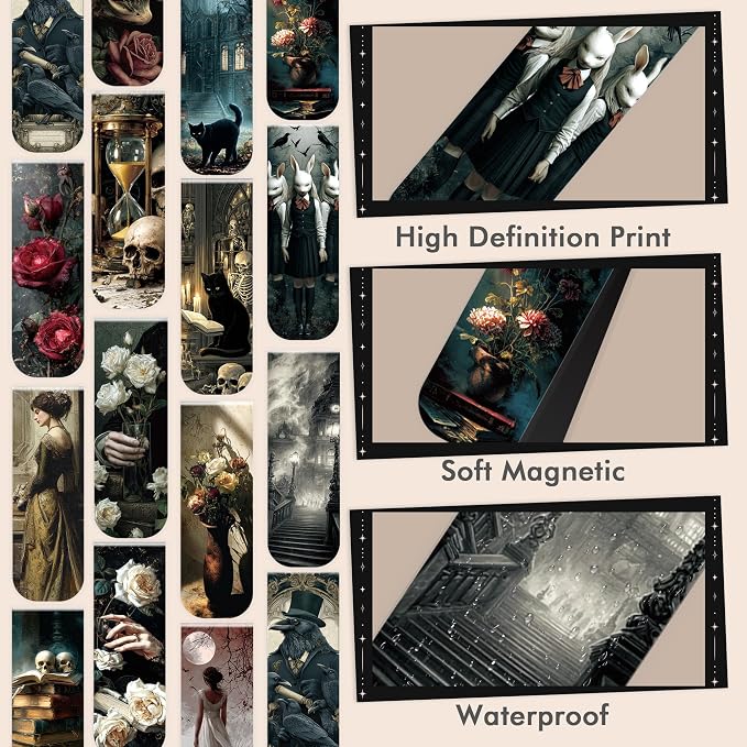 Dark Academia Magnetic Bookmarks for Women, 30 Pcs Gothic Witchy Book Marks with Aesthetic Skull Rose Castle Designs, Magnet Book Marker Clips for Readers and Book Lovers
