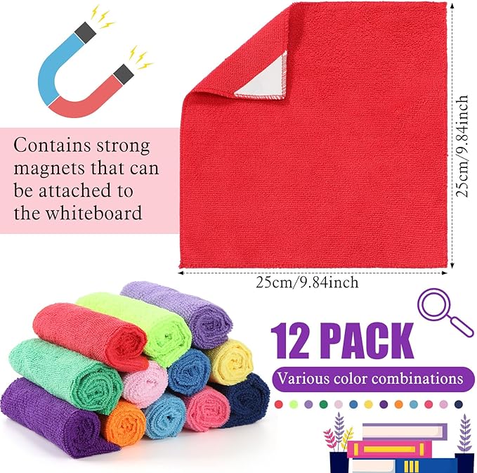 Fanfanwin 12 Pcs Magnetic Cleaning Cloth Dry Erasers for White Boards 9.84" x 9.84" Extra Magnetism Microfiber Whiteboard Eraser for Blackboards Classroom Home Reusable Washable (Rainbow Color)