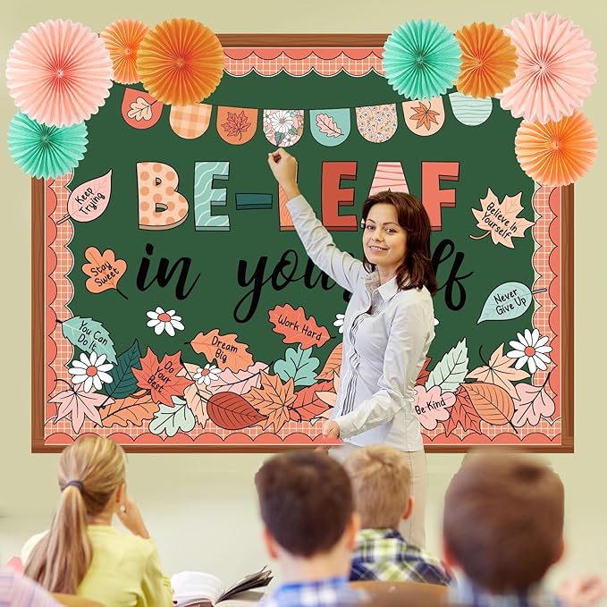 Containlol 77 Pcs Fall Thanksgiving Bulletin Board Decoration Thanksgiving Fall Maple Leaves Bulletin Board Set Be-Leaf in Yourself Boho Classroom Decor with 3D Paper Fans Cutouts for Autumn Decor