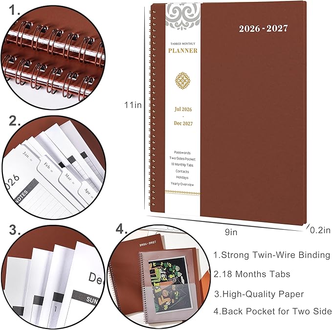 2026-2027 Monthly Planner - Planner/Calendar 2026-2027, Jul 2026 - Dec 2027, 9" x 11", 18 Monthly Planners with Tabs, Pocket, Label, Contacts and Passwords, Twin-Wire Binding- Reddish Brown