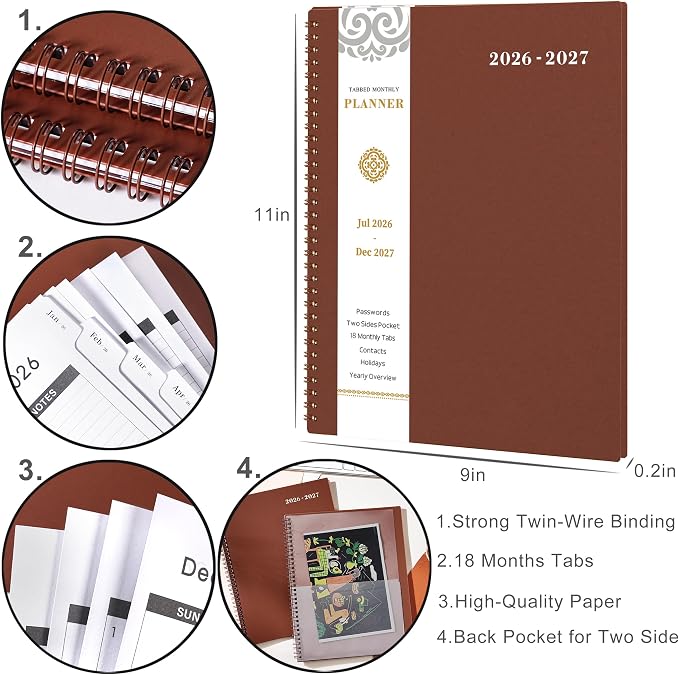 2026-2027 Monthly Planner - Planner/Calendar 2026-2027, Jul 2026 - Dec 2027, 9" x 11", 18 Monthly Planners with Tabs, Pocket, Label, Contacts and Passwords, Twin-Wire Binding- Reddish Brown