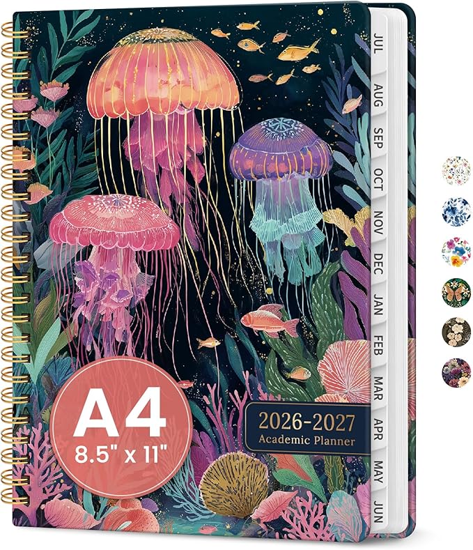 Planner 2026-2027, Academic Year Monthly and Weekly Calendar Planner, Jul 2026 - Jun 2027, Hardcover Teacher Student Planning Agenda book with Tabs, Perfect for School Office Supplies, 8.5" x 11" - Jellyfish
