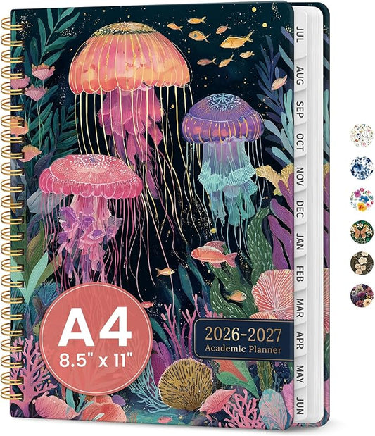 Planner 2026-2027, Academic Year Monthly and Weekly Calendar Planner, Jul 2026 - Jun 2027, Hardcover Teacher Student Planning Agenda book with Tabs, Perfect for School Office Supplies, 8.5" x 11" - Jellyfish