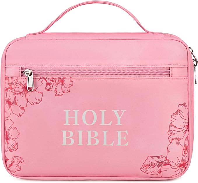JIANYA Bible Cover for Girls Kids Bible Case Church Bag Childrens Bible Bag with Handle and Zippered Pocket, Floral Pink