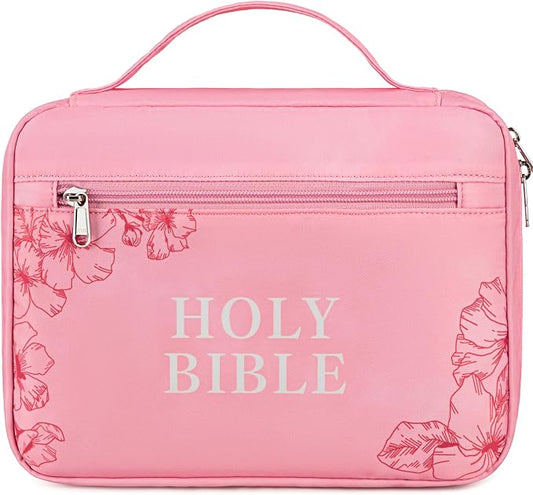 JIANYA Bible Cover for Girls Kids Bible Case Church Bag Childrens Bible Bag with Handle and Zippered Pocket, Floral Pink