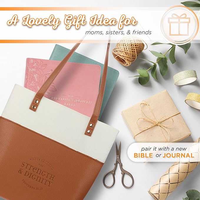 Christian Art Gifts Felt and Faux Leather Fashion Bible Cover Tote Bag for Women: Strength and Dignity - Proverbs 31:25 Bible Verse, Inspirational Durable Two-tone Tote Bag for Books and Supplies