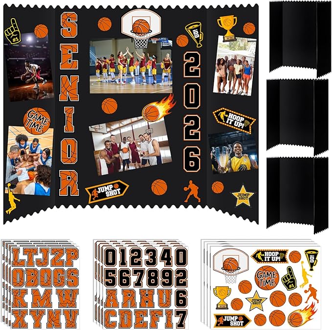 Tinlade 3 Set Basketball Senior Night Gifts Senior 2026 Photo Display Board 24" x 16" Trifold Poster Board with Basketball Themed Stickers for Graduation Picture Frame Sport Theme Party Supplies