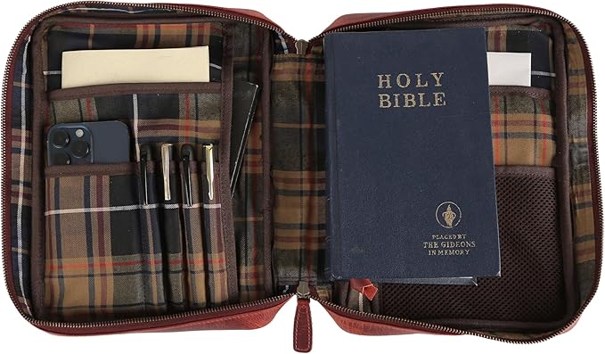 Leather Bible Cover for Men & Women – Zippered Bible Case with Handle, Note & Pen Organizer – Fits Large Study Bible – 11.5x8.5 Inch (Red)
