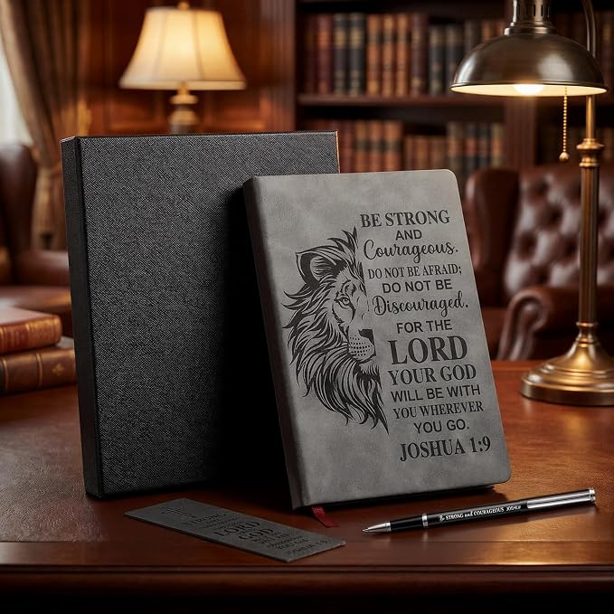 Fuyoooo 4 Pcs Christian Gifts for Men Father's Day Pastor Appreciation Gifts Vintage Leather Hardcover Notebook 1 Timothy 6:11 Religious Bible Verse Pen Joshua 1:9 Bookmark & Box(Lion,Gray)
