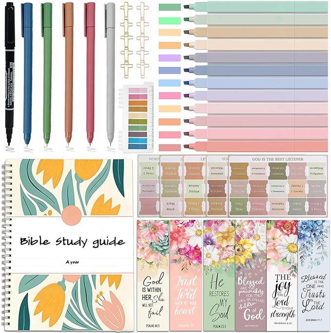 HRFGWDD Bible Study Supplies & Journaling Kit for Women with Highlighters & Pens,Tabs for Women, Sticky Notes, Bookmarks & Cross Clips – Bible Annotation Kit for Scripture Study(41pcs)