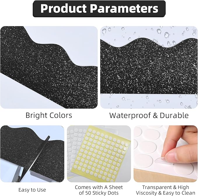 3 Rolls 98.4 Ft Glitter Bulletin Board Borders Set - Black Bulletin Board Decorations for Classroom, Office，School Supplies & Home DIY - Perfect for Teachers, Posters & Birthday Party Decor