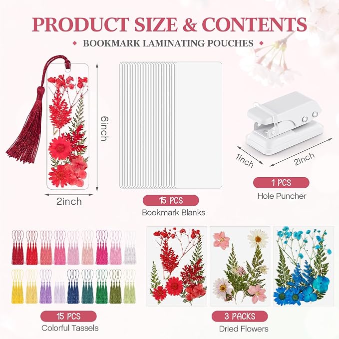 Fuyoooo 61 Pcs Dried Flower Bookmark Making Kit, DIY Bookmark Laminating Pouches with Tassels and Puncher, Handmade Craft Kit for Women, DIY Gifts for Book Lovers (Red Pink Blue,2 x 6 Inch)