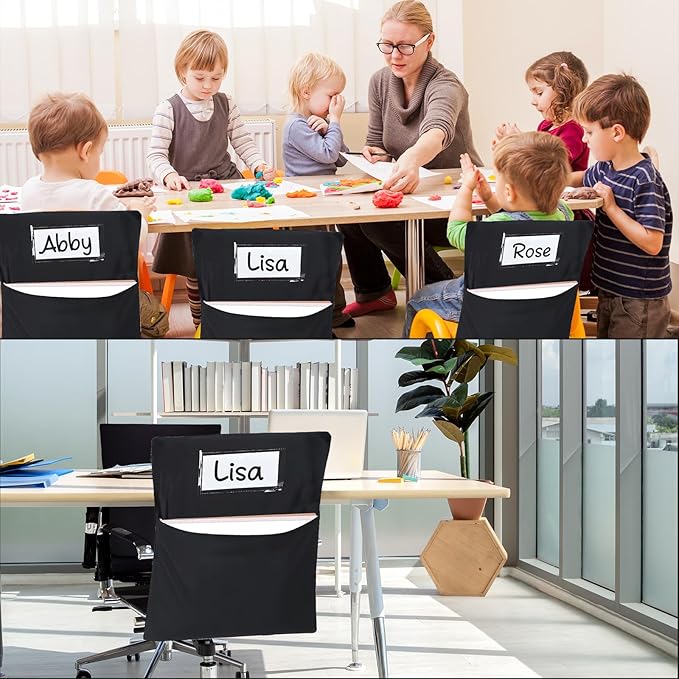 24 PCS Chair Pockets for Classroom, 20 x 17 Inch Large Chairback Storage Pockets for Classroom Students with Name Tag Classroom Organizer for Keeping School Table Organized Black