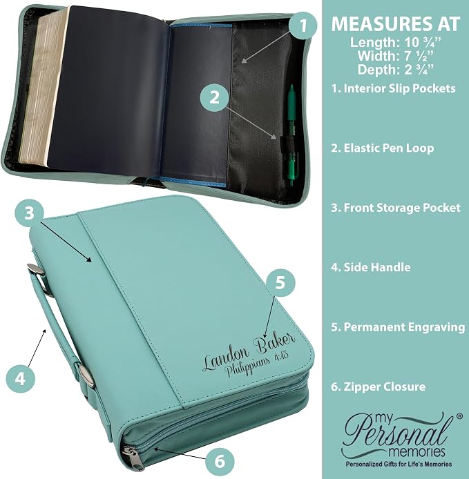 My Personal Memories Personalized Bible Cover Holder Case with Carrying Handle for Men and Women (Teal)