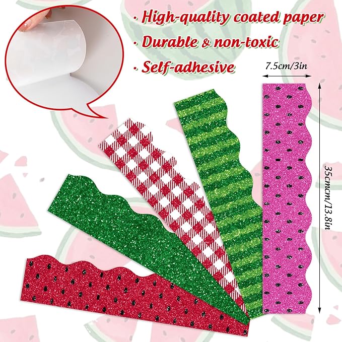 Whaline 69Ft Watermelon Bulletin Board Border Glitter Pink Red Green Watermelon Adhesive Border Trim for Summer Classroom Chalkboard Wall Decor