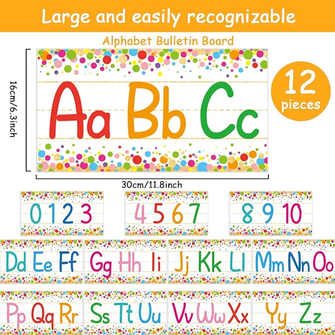 12 Pieces Alphabet Bulletin Board Strips Set Alphabet Line ABC Alphabet Banner & Number Border Posters for Preschool Kindergarten Classroom Playroom Bedroom (Confetti)