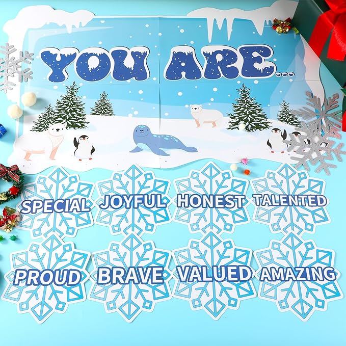 Winter Affirmation Station Bulletin Board Door Decoration Winter Snowflake Classroom Decor Christmas Motivational Positive Cutout Classroom Mirror Growth Mindset Decor for School Home Door Wall Supply