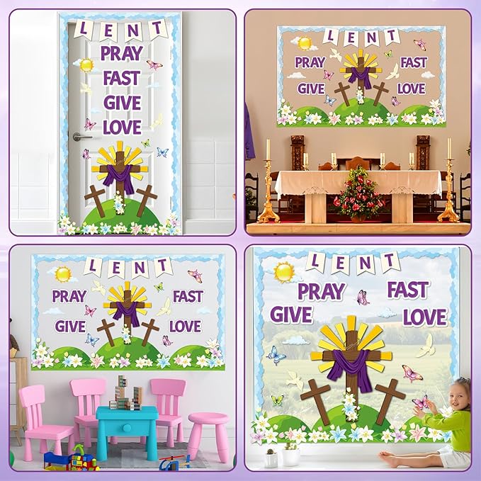 Lent Christian Bulletin Board Set Easter Religious Cross Classroom Decoration Lent Pray Fast Give Love Bulletin Board Lily Flower Cutouts for Sunday School Church Parish Catholic Chalkboard Wall Decor