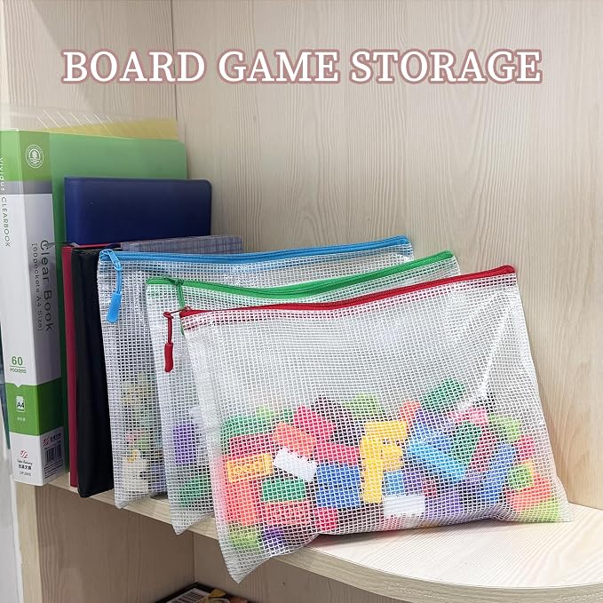 Multibey 10 Pack 10 Colors Mesh Zipper Pouch Bags, B5 Size Waterproof Plastic Zipper Pouches for Board Game Storage, Mesh Bags with Zipper for School Office Home (B5 11.4 x 8.5 inch)