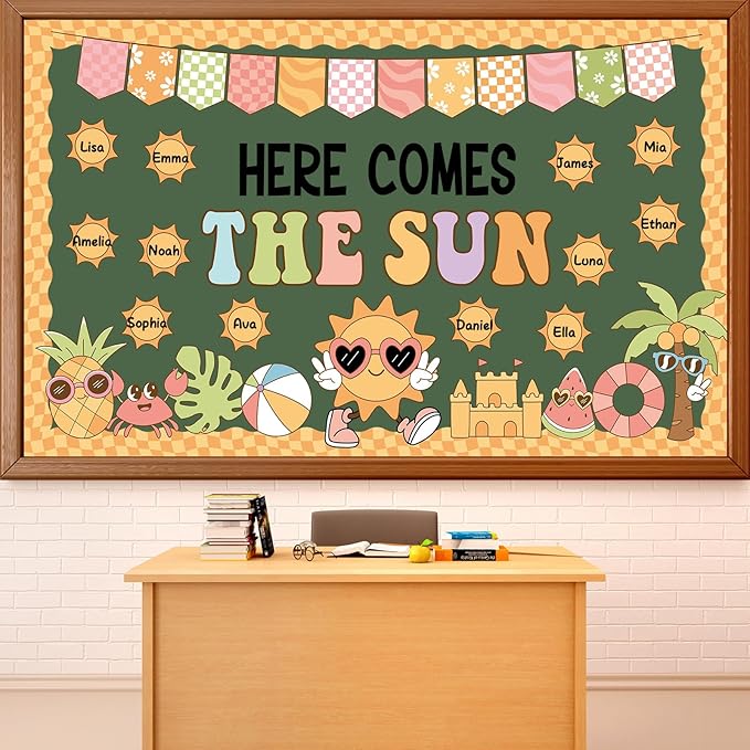 Summer Sun Bulletin Board Set Here Comes the Sun Classroom Decorations Bright Sunshine Name Tags Paper Cutouts Summer Bulletin Board Borders for Tropical Beach Back to School Wall Door Decor