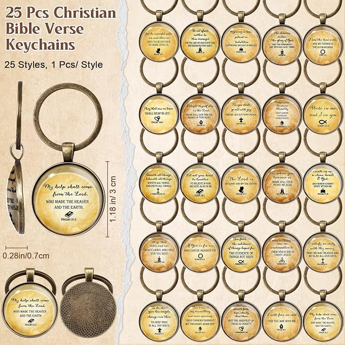 Dunzoom 25set 75pcs Fathers Day Christian Gift Emergency Numbers Bookmark Bible Verse Pen Religious Scripture Keychain for Women Men Coworker Church Prayer Baptism Souvenir Study Group(Wood Color)
