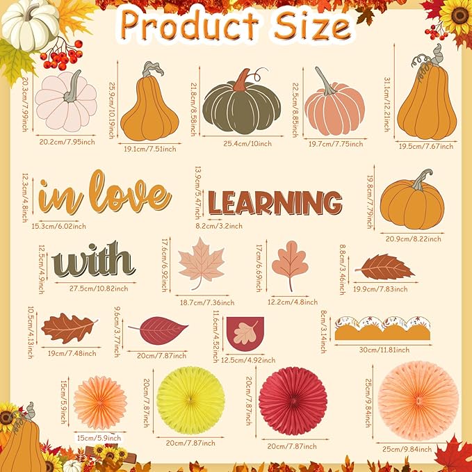 Containlol 66 Pcs Fall Thanksgiving Bulletin Board Decorations Thanksgiving Fall in Love with Learning Classroom Bulletin Board with 3D Paper Fans Boho Pumpkin Maple Leaves Cutouts for Classroom Decor