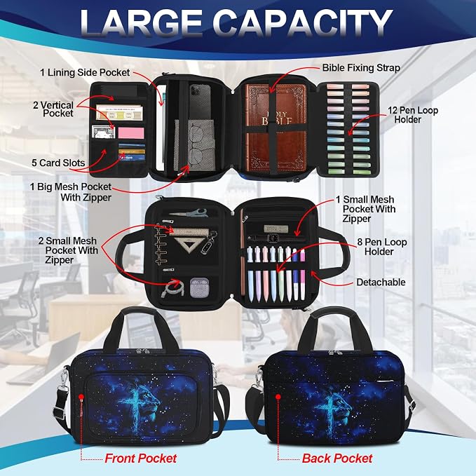 Lion Cross Large Bible Cover Case for Men Boys, Bible Bag for Men Organizer with Strap & Handle Zipper Pocket, Bible Study Supplies Journaling Kit with Pens Highlighters Tabs Christian Gift