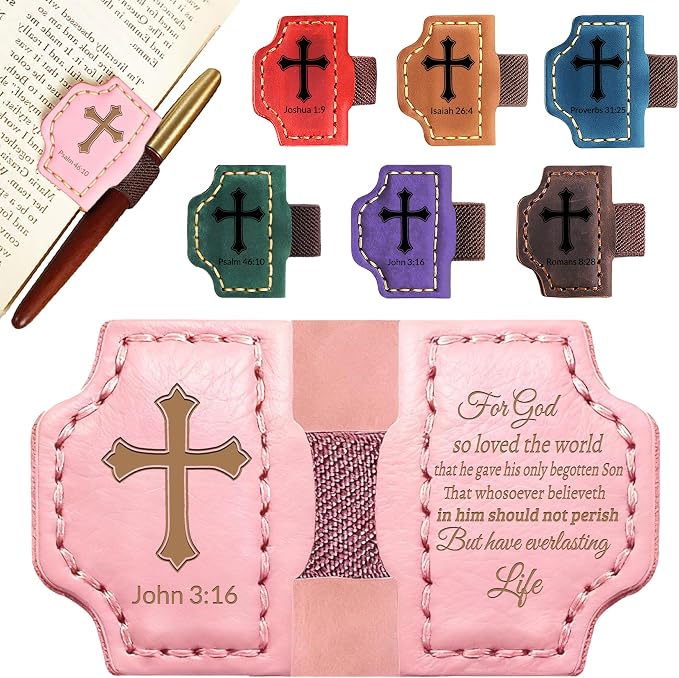 Personalized Leather Bookmark with Pen Holder - Magnetic Bible Verse Design, Christian Book Lovers Reading Accessory, for Book Lovers Men Women (Pink, John 3:16)
