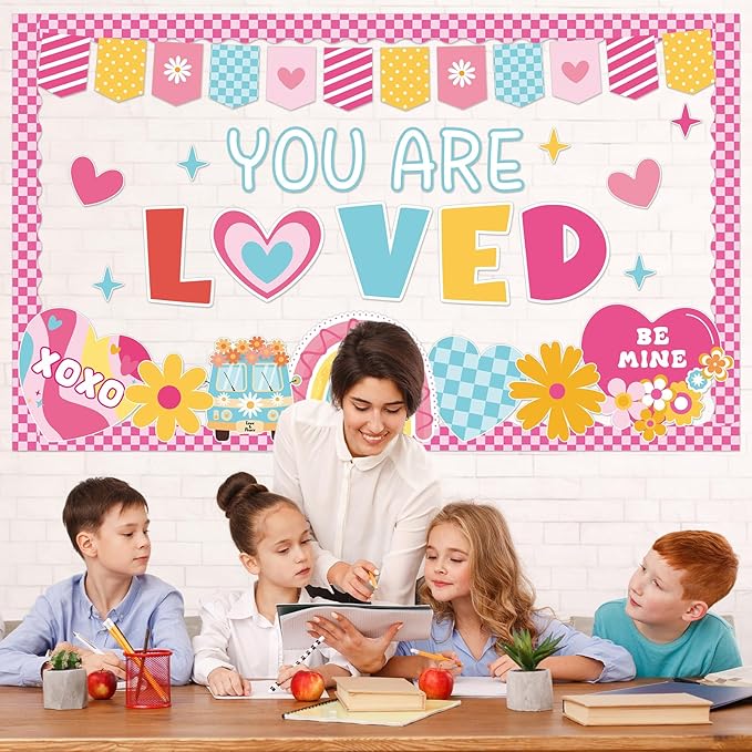 Valentine's Day Bulletin Board Decoration Set Happy Valentine's Day You are Loved Classroom Decorations Love Heart Rainbow Flowers Paper Cutouts for School Home Office Chalkboard Wall Door Decor