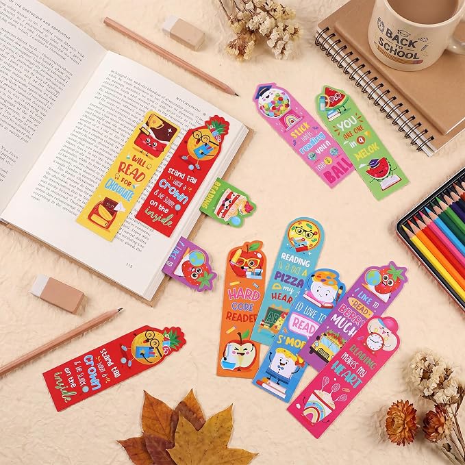 Eersida 90 Pieces Back to School Scented Bookmarks Fruit Food Theme Sayings Bookmarks Sayings Assorted Cute Scented Gifts for Learning Reading Rewards Food Lovers, 10 Styles
