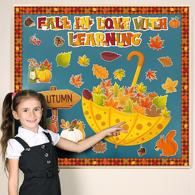 Qilery Fall in Love with Learning Bulletin Board Set Autumn Maple Leaves Pumpkin Cutouts Fall Theme Classroom Decorations for Thanksgiving School Home Chalkboard Wall Decor Supplies