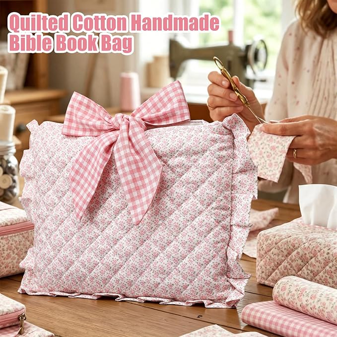 Honoson Quilted Bow Bible Sleeve Cover Case Padded Protector Washable Bible Bag Pouch Christian Gift for Women Girls Book Lover Gifts(Pink Floral)