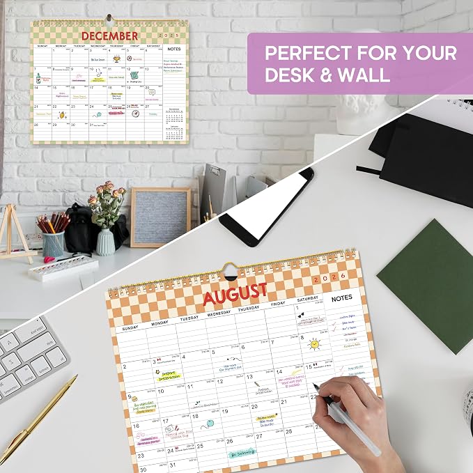 Calendar 2026-2027, Monthly Wall Calendar Runs Until June 2027, 11.5" x 14.8", Spiral Binding Hanging Wall Calendar, Perfect for Home or Office,Checkered