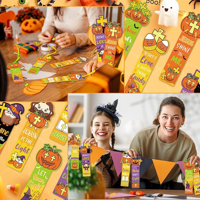 120 Pcs Religious Halloween Pumpkin Bookmarks Halloween & Thanksgiving Gift Flliers Christian Religious Pumpkin Bookmark Giveaways for Sunday School Halloween Party Favors for Classmates