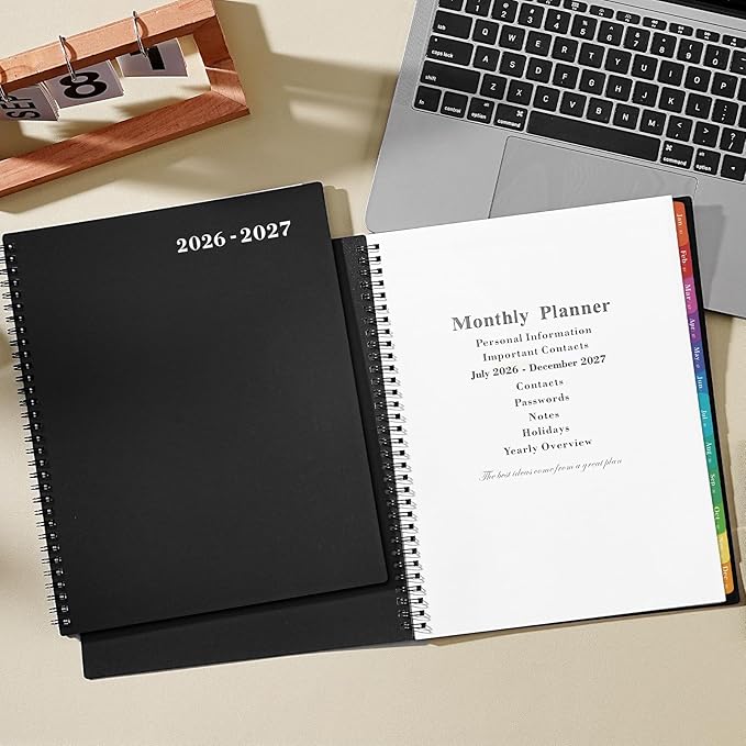Monthly Planner 2026-2027 - JUL 2026 - DEC 2027 Planner/Calendar,18 Month Planner with Contacts & Passwords, 8.5" x 11" Planners 2026-2027, Monthly Tabs, Thick Paper, Black
