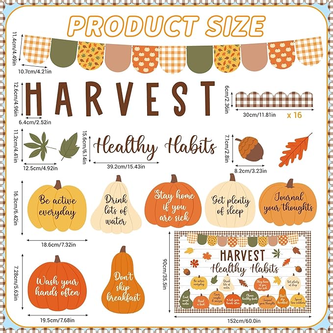 Hearvest Healthy Habits Bulletin Board Set Fall Classroom Decoration Cutouts Pumpkins Leaves Autumn Bulletin Board for School Home Office Chalkboard Whiteboard Wall Window Door Decor Supplies
