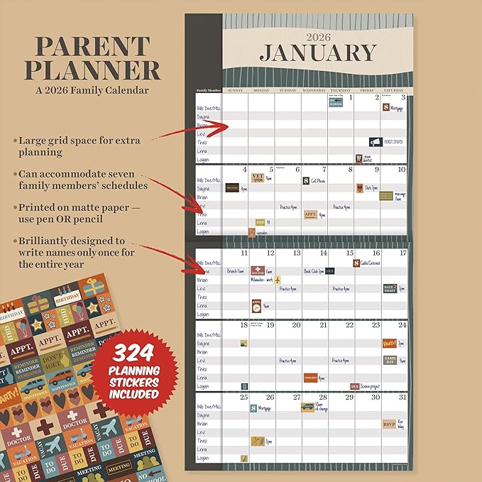 TF Publishing 2026 Parent Planner Wall Calendar - Large Grids for Appointments and Scheduling - Vertical Monthly Wall Calendar 2026 with Premium Matte Paper for Home and Office Organization - 12x12in