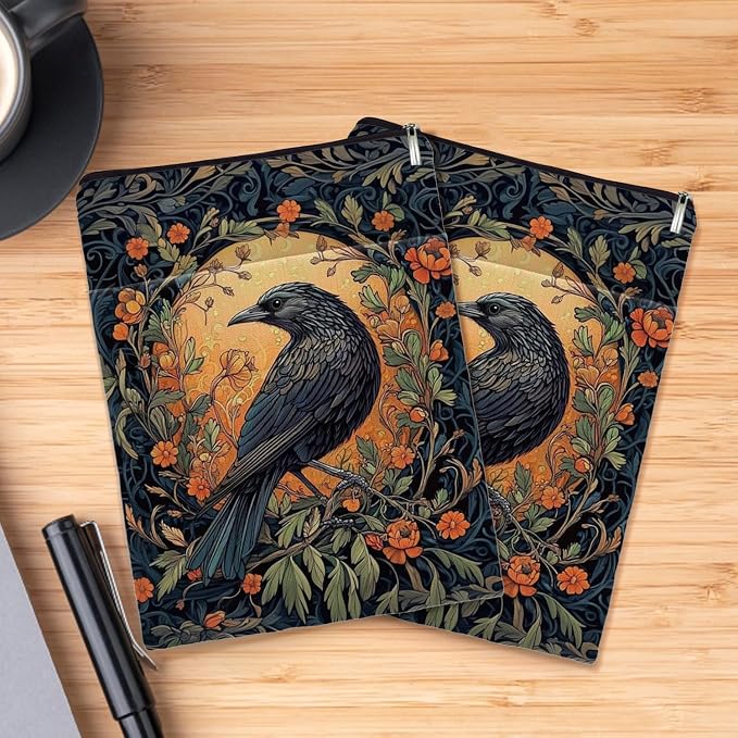 Vintage Flower&Raven William Morris Book Sleeve for Book Lovers, Bookish Book Protector with Zipper, Washable Fabric Book Cover for Paperbacks & Hardcovers,11.4 x 9.1Inches (Black-Raven, Medium)