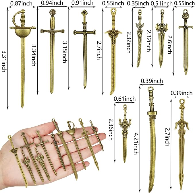 Hicarer 30 Pieces Antique Swords Knife Bookmark Sword Charms Pendants Bookmarks for Book Lovers Presents Reading Crafting DIY (Anti Brass)