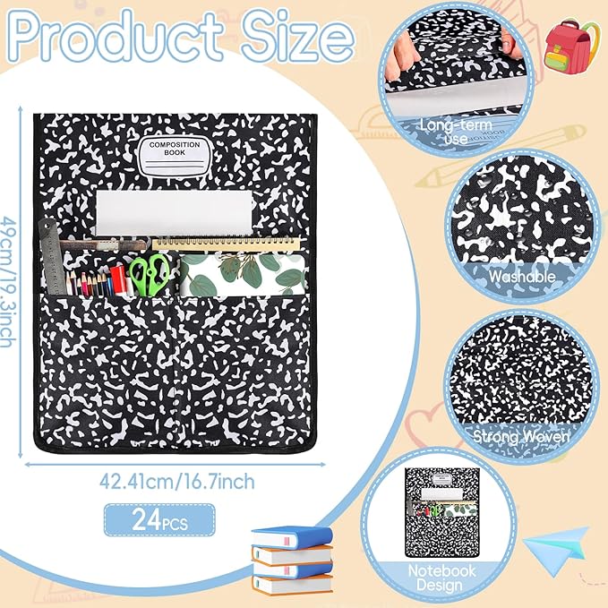 24Pcs Composition Chair Pockets for Classroom Composition Chair Back Buddy Pocket with Name Tags 17x20In Chairs Organizer 3 Pockets Seat Storage Pocket for School Classroom Daycare Home Supplies