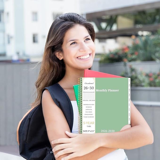 2026-2030 Monthly Planner 5 Year Monthly Planner/Calendar 2026-2030, Jan 2026 – Dec 2030, 9" x 11", Tabs, Double-Side Pocket, Holidays, Thick Paper - Green