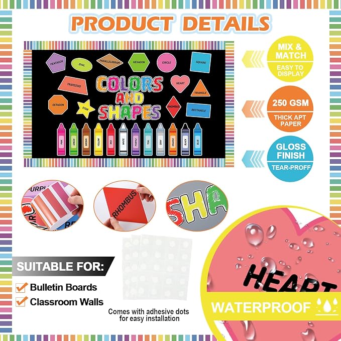 70 Pcs Colors and Shapes Bulletin Board Decorations Color Recognition Crayon and Shapes Cutouts Back to Schoool Learning Poster for Chalkboard Wall Classroom Decor